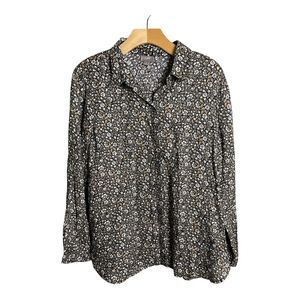 J Jill Floral Print Long Sleeve Button Down Shirt 100% Linen Size Medium